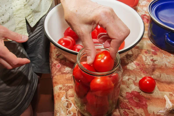 Process Preserving Tomatoes Winter Female Hands Stack Ripe Red Juicy — Fotografia de Stock