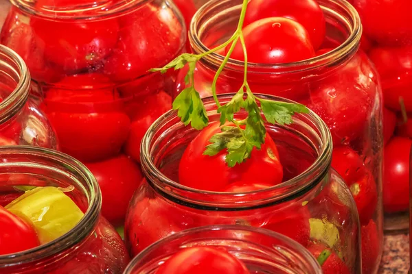 Process Preserving Tomatoes Winter Ripe Red Juicy Tomatoes Glass Jars — Photo