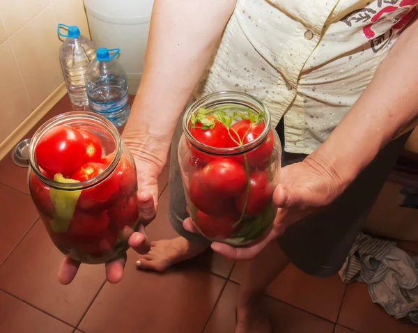 Process Preserving Tomatoes Winter Female Hands Stack Ripe Red Juicy — Fotografia de Stock