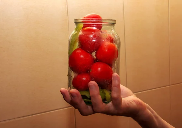 Process Preserving Tomatoes Winter Female Hands Stack Ripe Red Juicy — Stockfoto