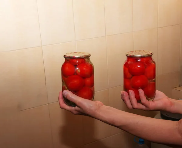 Process Preserving Tomatoes Winter Female Hands Hold Jars Ripe Red — Stock fotografie