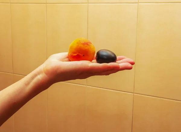 Hand Holding Peach Plum Concept Diet Food — Fotografia de Stock