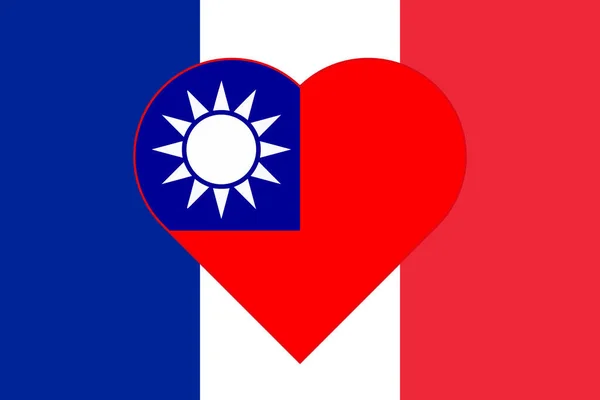 Flag of Taiwan in the form of a heart on the flag of France. Allied support for Taiwan. Flat double flag - illustration.