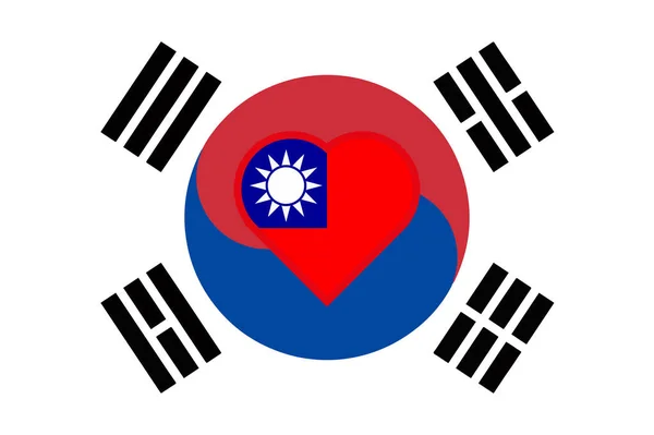 Flag of Taiwan in the form of a heart on the flag of South Korea. Allied support for Taiwan. Flat double flag - illustration.