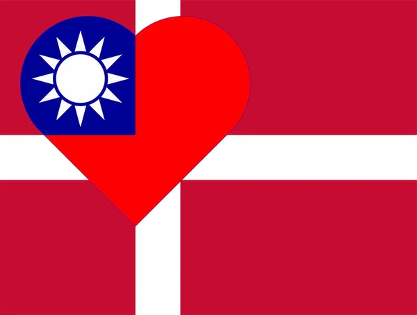 Flag of Taiwan in the form of a heart on the flag of Denmark. Allied support for Taiwan. Flat double flag - illustration.