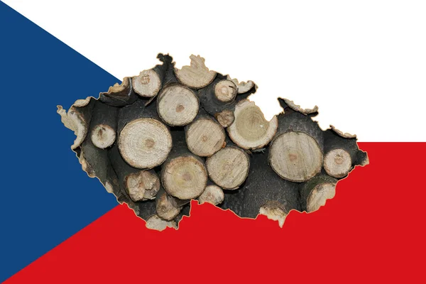 Outline map of the Czech Republic with the image of the national flag. Firewood background inside the card. Collage illustration. Energy crisis.