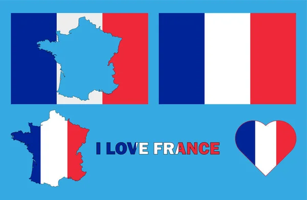 Uppsättning Illustrationer Med Frankrike Flagga Land Skiss Karta Och Hjärta — Stockfoto