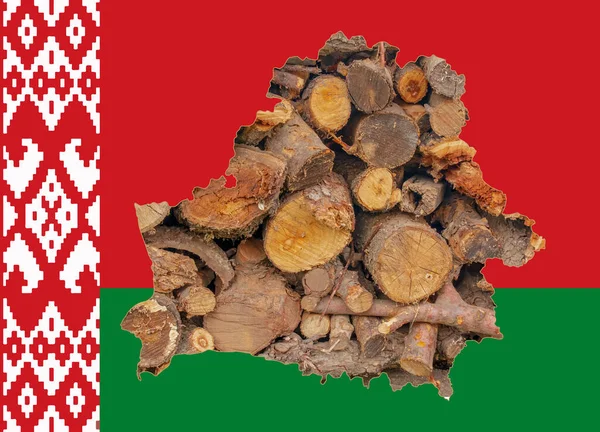 Zarys Mapy Białorusi Wizerunkiem Flagi Narodowej Drewno Opałowe Wewnątrz Mapy — Zdjęcie stockowe