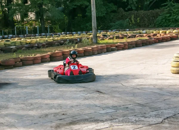 Dnipro Ucrânia 2021 Karting Vai Kart Pista Jovens Pilotos Positivos — Fotografia de Stock