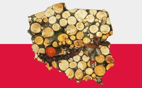Outline map of Poland with the image of the national flag. Firewood inside the map. Collage. Energy crisis.