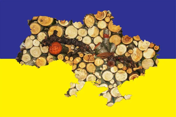 Очертания Флага Украины Изображением Государственного Флага Дрова Внутри Карты Коллаж — стоковое фото