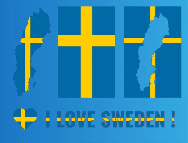 Zestaw Ilustracji Flagą Szwecji Mapa Kraju Serce Koncepcja Podróży — Zdjęcie stockowe