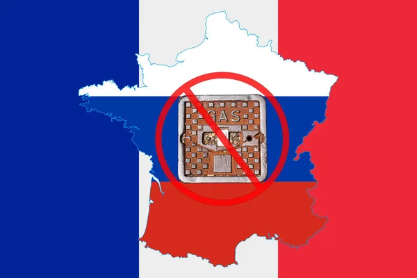 Outline map of France with the image of the national flag. Manhole cover of the gas pipeline system on the flag of Russia inside the map. Collage. Energy crisis.