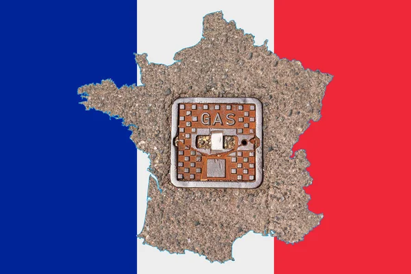 Outline map of France with the image of the national flag. Manhole cover of the gas pipeline system inside the map. Collage. Energy crisis.