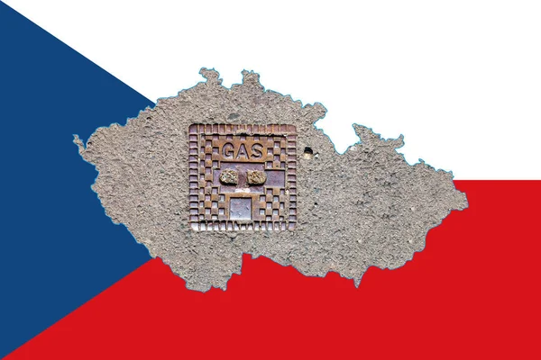 Outline map of Czech Republic with the image of the national flag. Manhole cover of the gas pipeline system inside the map. Collage. Energy crisis.