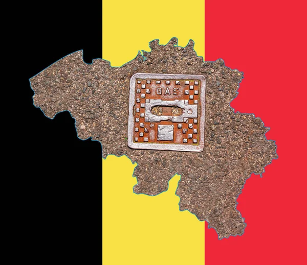 Outline map of Belgium with the image of the national flag. Manhole cover of the gas pipeline system inside the map. Collage. Energy crisis.