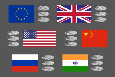 Dünyanın önde gelen para birimlerinin gümüş tonları ülke bayraklarıyla simgeleri