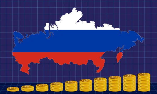 Outline map of Russia with the image of the state flag. In front of the card are stacks of ruble coins.