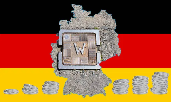国旗をイメージしたドイツの概要地図 マップ内の水システムのためのハッチ ユーロ硬貨のスタック コラージュ 金融危機 — ストック写真