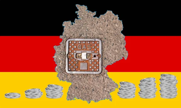 国旗をイメージしたドイツの概要地図 マップ内のガスパイプラインシステムのマンホールカバー ユーロ硬貨のスタック コラージュ エネルギー危機 — ストック写真