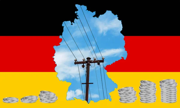 国旗をイメージしたドイツの概要地図 マップ内の電源ライン ユーロ硬貨のスタック コラージュ エネルギー危機 — ストック写真