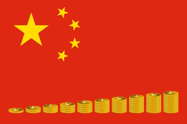 中国国旗背景上成堆的金黄色元硬币 — 图库照片