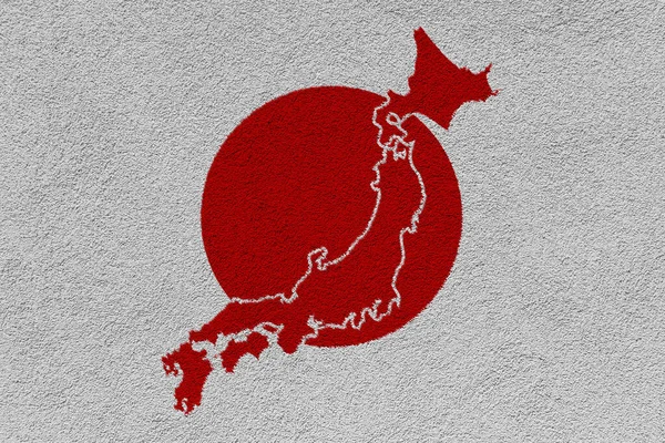 Flag of Japan and contour map of the country on the texture. Collage.