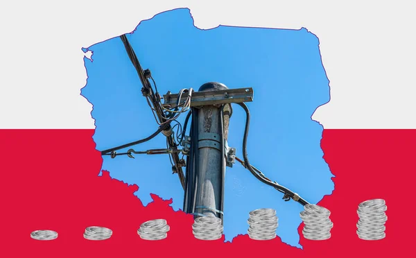 Outline map of Poland with the image of the national flag. Power line inside the map.Stacks of Euro coins. Collage. Energy crisis.