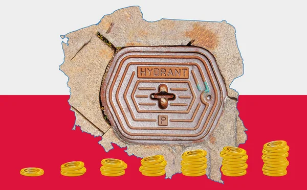 Outline map of Poland with the image of the national flag. Hatch for the water system inside the map. Stacks of Euro coins. Collage. Energy crisis.