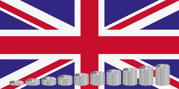 Pile Monete Argento Sullo Sfondo Della Bandiera Del Regno Unito — Foto Stock