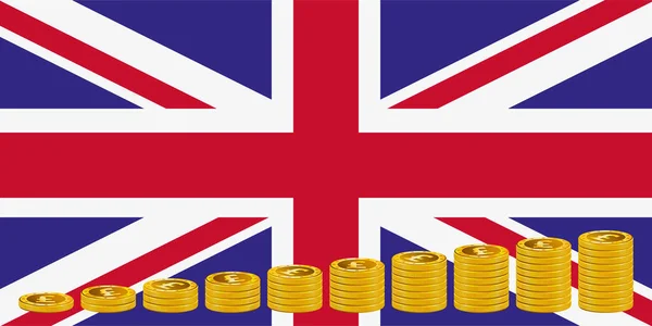 英国国旗背景上的一堆堆黄金磅硬币 — 图库照片