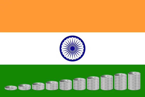 Stapel Silberner Rupien Münzen Auf Dem Hintergrund Der Indischen Flagge — Stockfoto