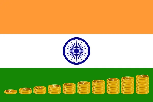 Hromádky Zlatých Rupií Mince Pozadí Vlajky Indie — Stock fotografie