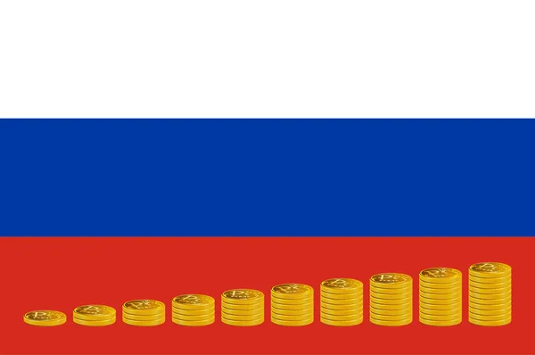 ロシアの国旗を背景にした黄金のルーブルの塊 — ストック写真
