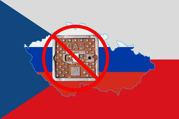Outline map of Czech Republic with the image of the national flag. Manhole cover of the gas pipeline system on the flag of Russia inside the map. Collage. Energy crisis.