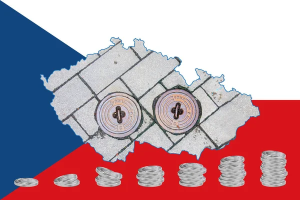 Outline map of Czech Republic with the image of the national flag. Hatch for the water system inside the map. Stacks of Euro coins. Collage. Energy crisis.