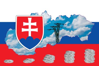 Slovakya 'nın haritasında ulusal bayrağın resmi var. Haritanın içindeki elektrik hattı. Avro paraları yığını. Kolaj. Enerji krizi.