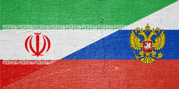 Vlag Van Rusland Iran Een Gebarsten Gepleisterde Muur Begrip Samenwerking — Stockfoto