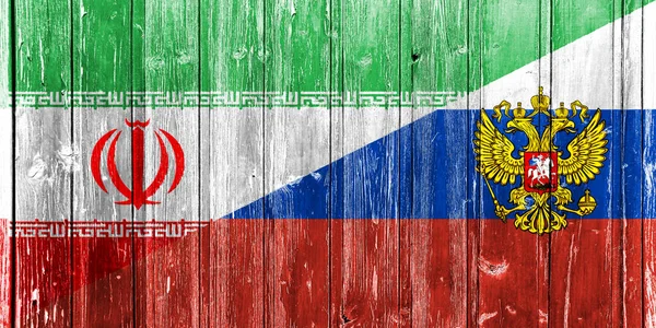 Vlag Van Rusland Iran Houten Planken Begrip Samenwerking Tussen Twee — Stockfoto
