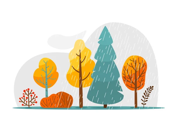 Paisaje lluvioso otoñal con textura de lluvia, nube, árbol, arbusto e ilustración vectorial de ramas. Escena otoñal abstracta aislada sobre fondo blanco en estilo plano de dibujos animados simples — Archivo Imágenes Vectoriales