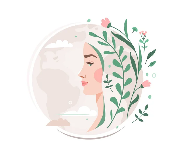 Madre Tierra persona concepto vector ilustración con cara de mujer y floral, elementos de flores en el planeta globo. Medio ambiente de la naturaleza para la ecología, protección verde, salud, reciclar el diseño. — Archivo Imágenes Vectoriales