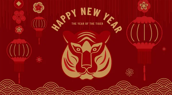 Feliz año nuevo chino 2022 vector de fondo. Banner de saludo con gran cara de oro de tigre, símbolo de animal del zodíaco, linterna, nube, flores, efecto de textura sobre fondo rojo oscuro en estilo de línea plana simple — Vector de stock