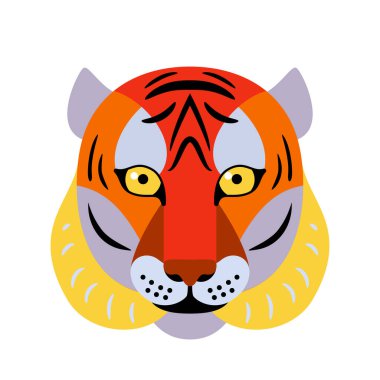 Kaplan yüzlü vektör arka planı. Çin 'in yeni yılı için basit geometrik düz çizgi film tarzıyla karşılama grafiksel tasarım hayvan unsuru. Beyazda izole edilmiş