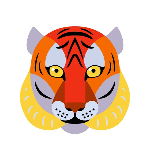 Tiger face vector background. Graphic design animal element for chinese new year greeting in simple geometric flat cartoon style. Isolated on white — Stock Vector