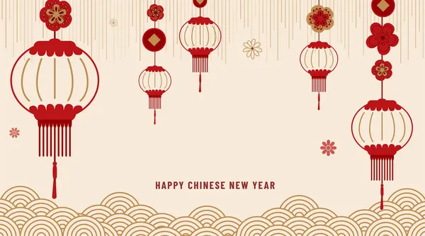 Čínský nový rok 2022 vektorové pozadí. Pozdrav prapor se zvěrokruhovým symbolem, lucernou, mrakem, květinami, texturou. Vzor v jednoduchém rovném stylu — Stockový vektor