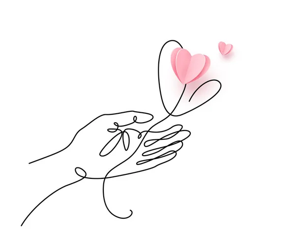 Human hand hold balloon in heart shape. Vector illustration in continuous line style with paper cut realistic two hearts on top. Creative offer of love background isolated on white —  Vetores de Stock