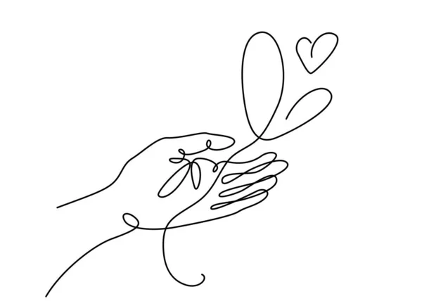 Human hand hold balloon in heart shape. Vector illustration in continuous line style. Creative offer of love background isolated on white — Vettoriale Stock