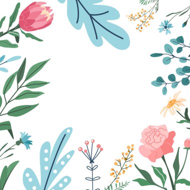 Çiçek kare çerçeve çizimi. Kart şablonu tasarımı için bahar çiçekleri. Şirin yaratıcı yeşillik dekorasyonu. Modern düz stilde çiçek açan sınır