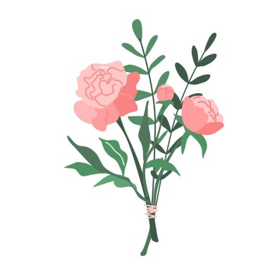 Şakayık ve yeşil dallı çiçek buketi vektör illüstrasyonu modern basit biçimde beyaz arkaplanda izole edilmiştir