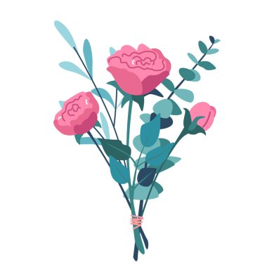 Gül, okaliptüs ve ince dallı çiçek buketi modern basit tarzda beyaz arkaplanda izole edilmiş vektör illüstrasyonları